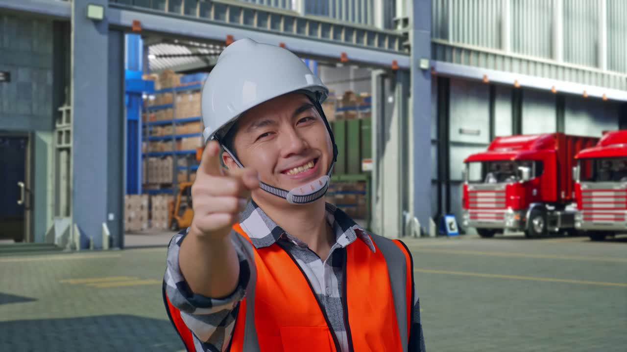 Close Up Of Asian Male Engineer With Safety Helmet Smiling And Touching His Chest Then Pointing At You While Standing , Outside of Logistics Distributions Warehouse