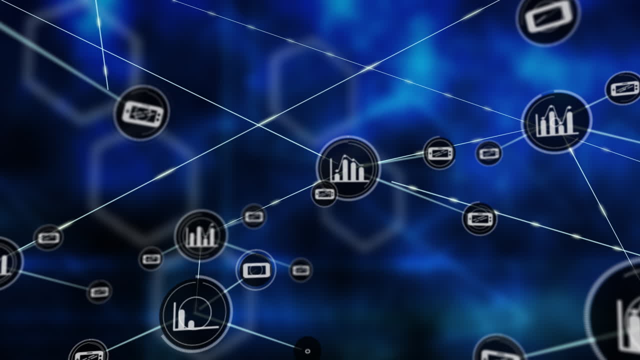animación de la red de conexiones con iconos sobre formas sobre fondo negro