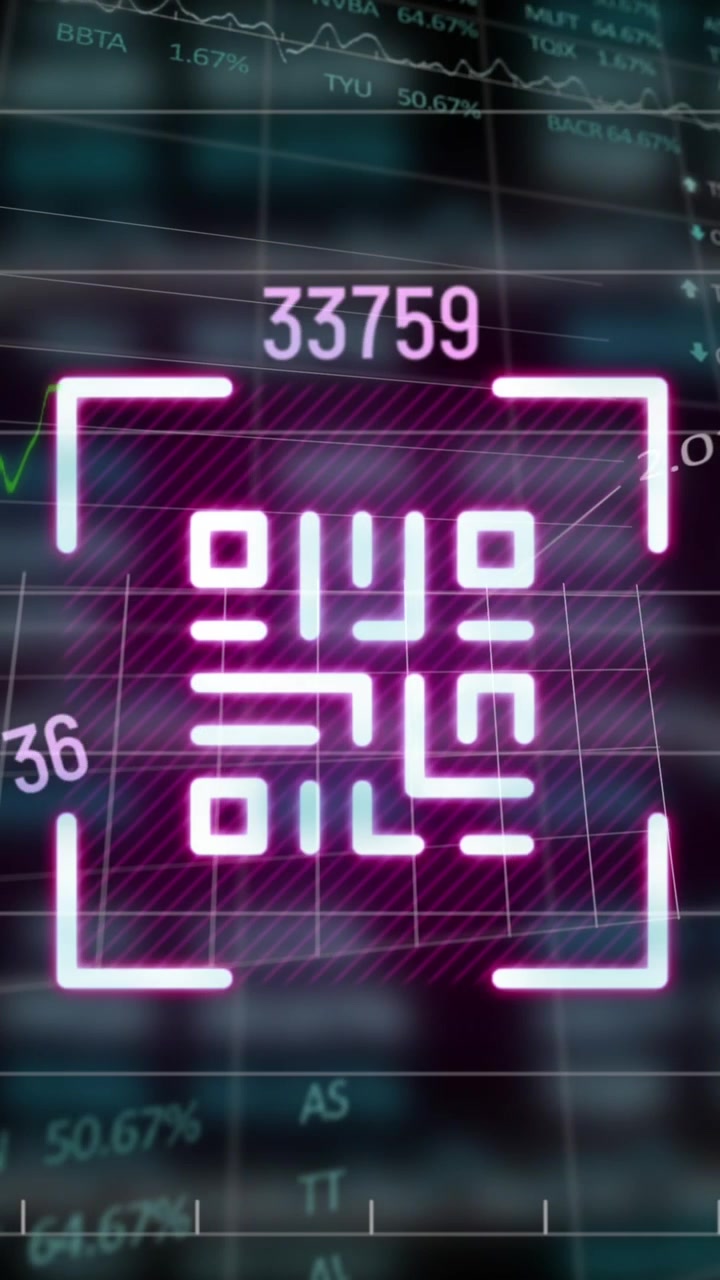 Animation of numbers, qr code and data in digital space