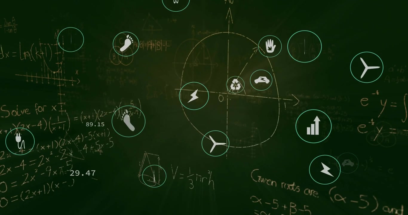 Fading in energy icons drifting across chalk axes while metrics updating to show environmental data