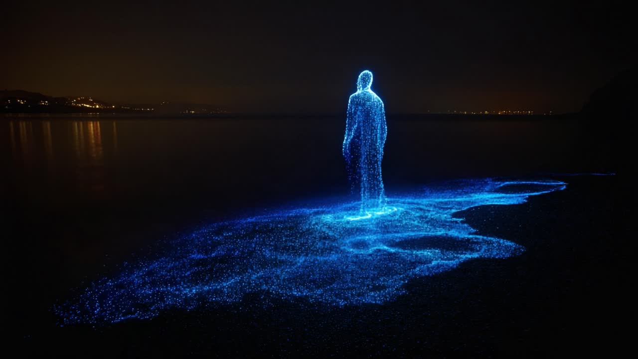 Luminous human figure made of glowing blue particles standing on a dark beach at night, with bioluminescent plankton swirling in the water and creating a magical and ethereal atmosphere