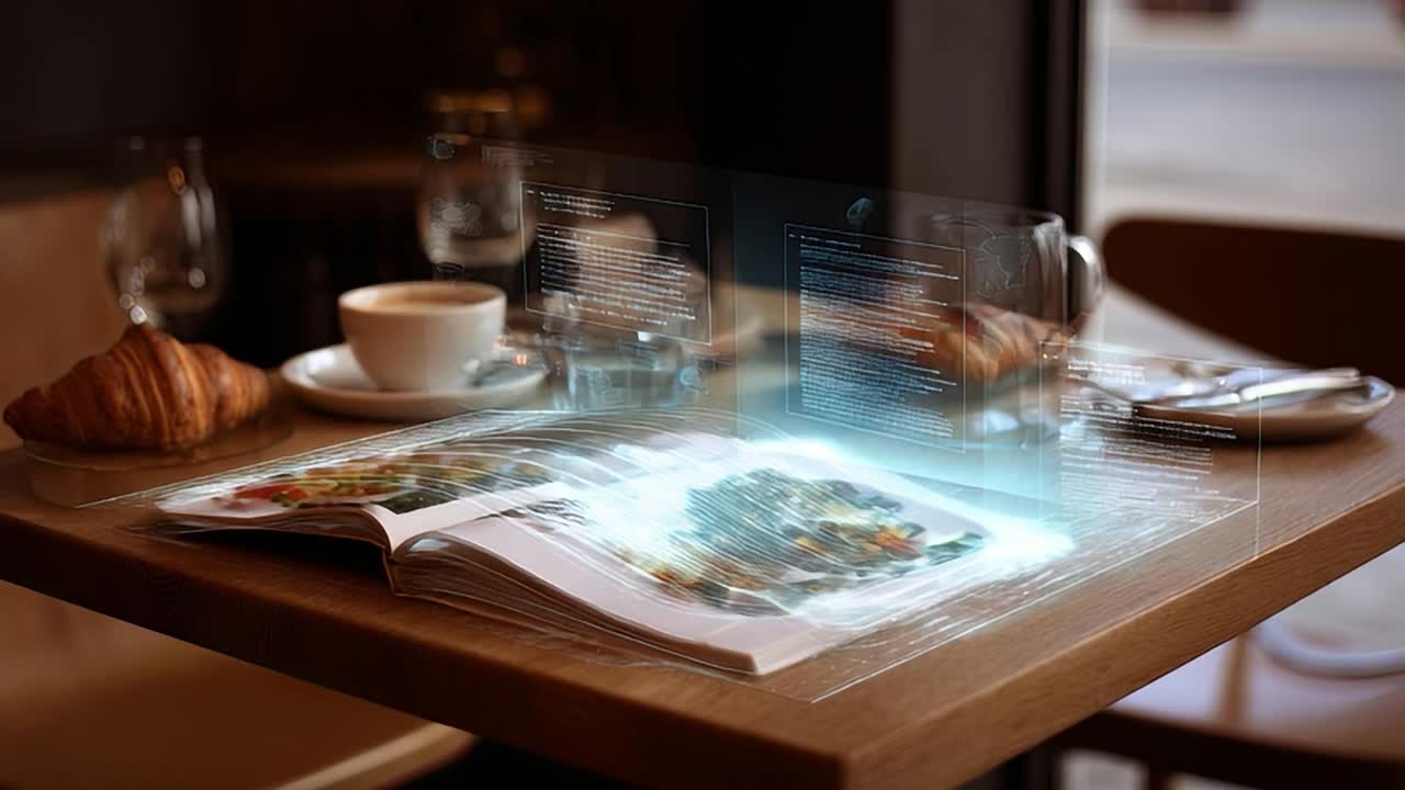 Digital menuskærm over et kaffebordsbord med madmagasin