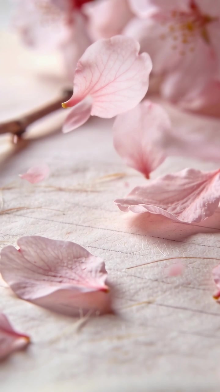 Video verticale: Brezza che spinge petali di sakura rosa che cadono, posandosi sulla carta, con un rametto che forma strati.