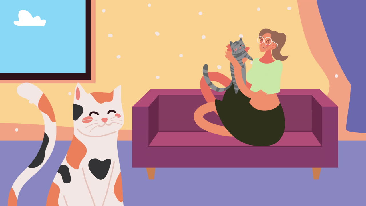 거실의 소파에 두 마리의 고양이를 가진 여자