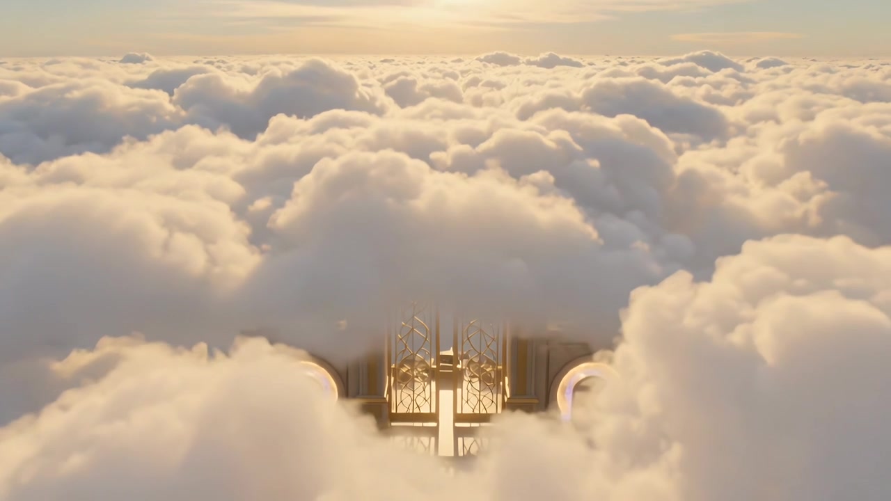 Descending drone revealing ornate platform emerging above clouds at sunrise, showing golden gates