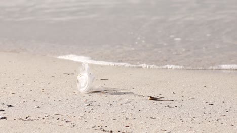 vaso de plástico desechado en una playa de arena, olas en el fondo, problema ambiental