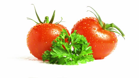 hermosos tomates cherry rojos con gotas de agua claras aisladas en fondo blanco
