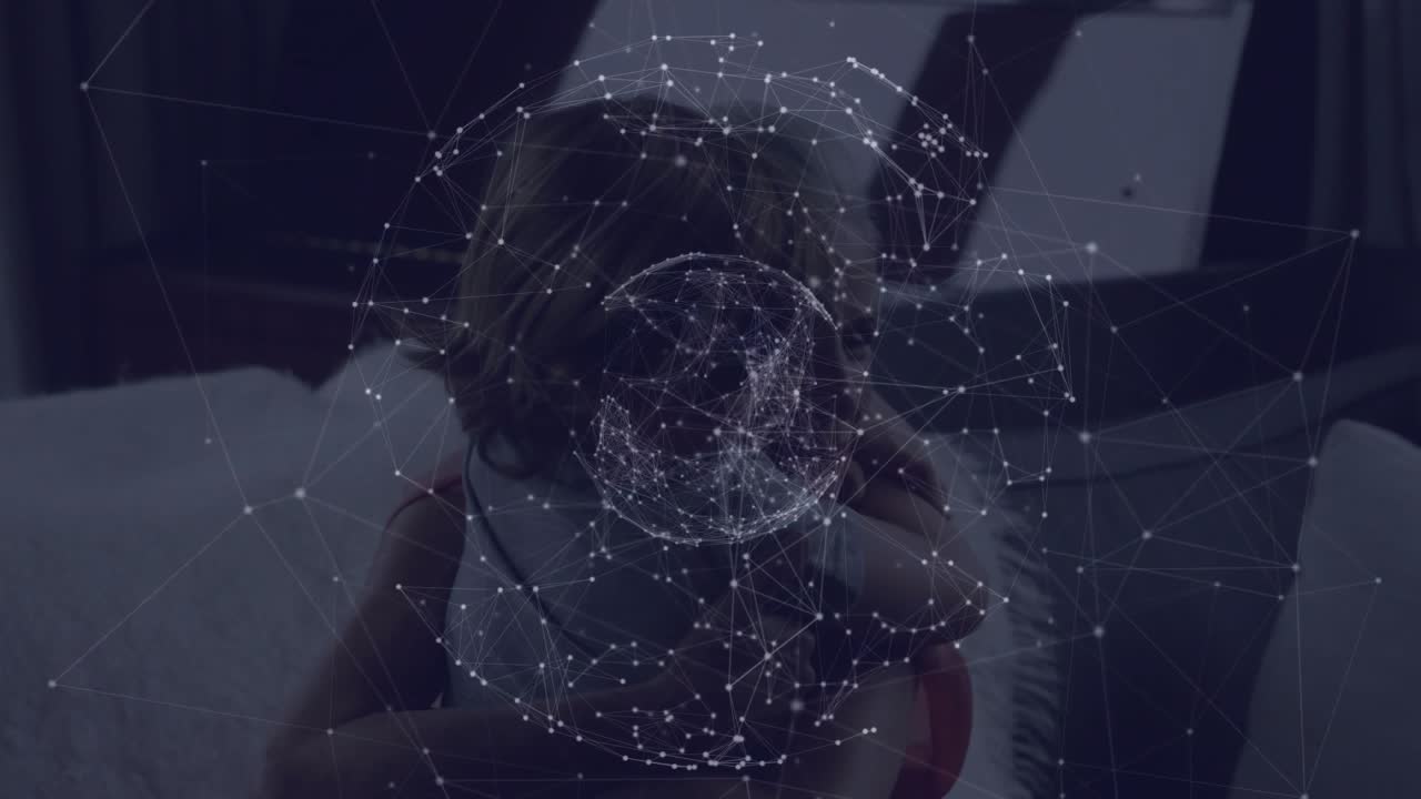 Grandma placing VR headset over boy's eyes, technology sphere emerging, boy adjusting controls