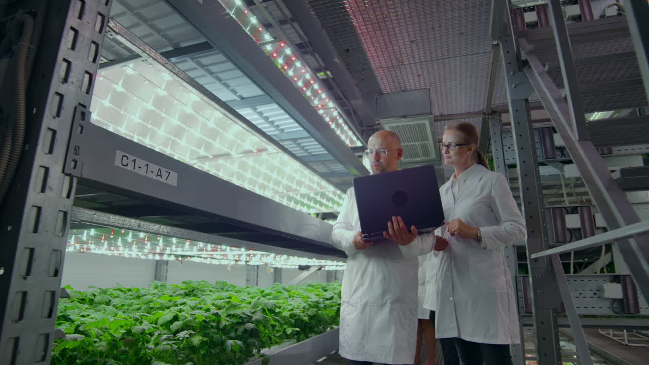 Scientists in white coats with a laptop and a tablet on a vertical farm with hydroponics make research data on vegetables in the data center for the analysis and programming of watering plants.