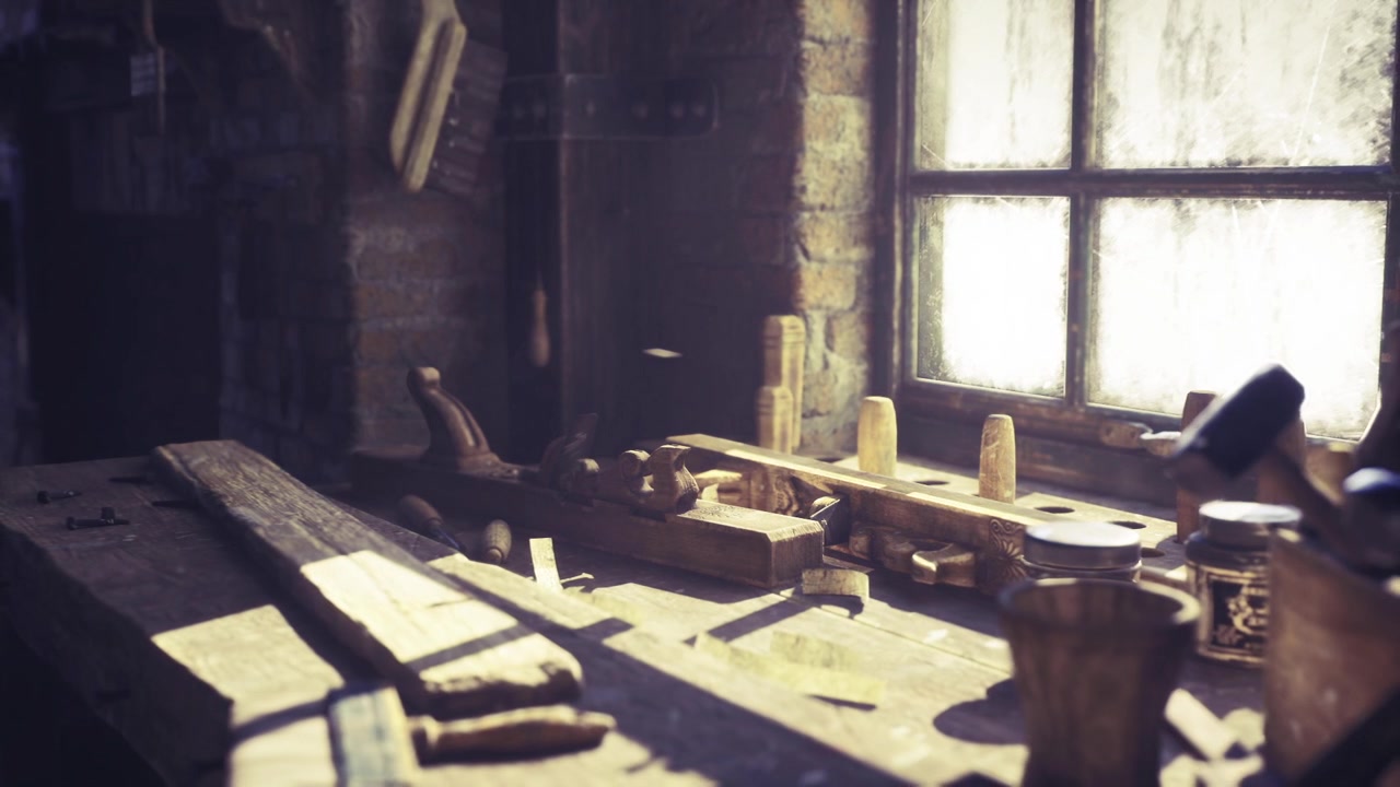 Workshop environment showcasing joined wood pieces and measurement equipment