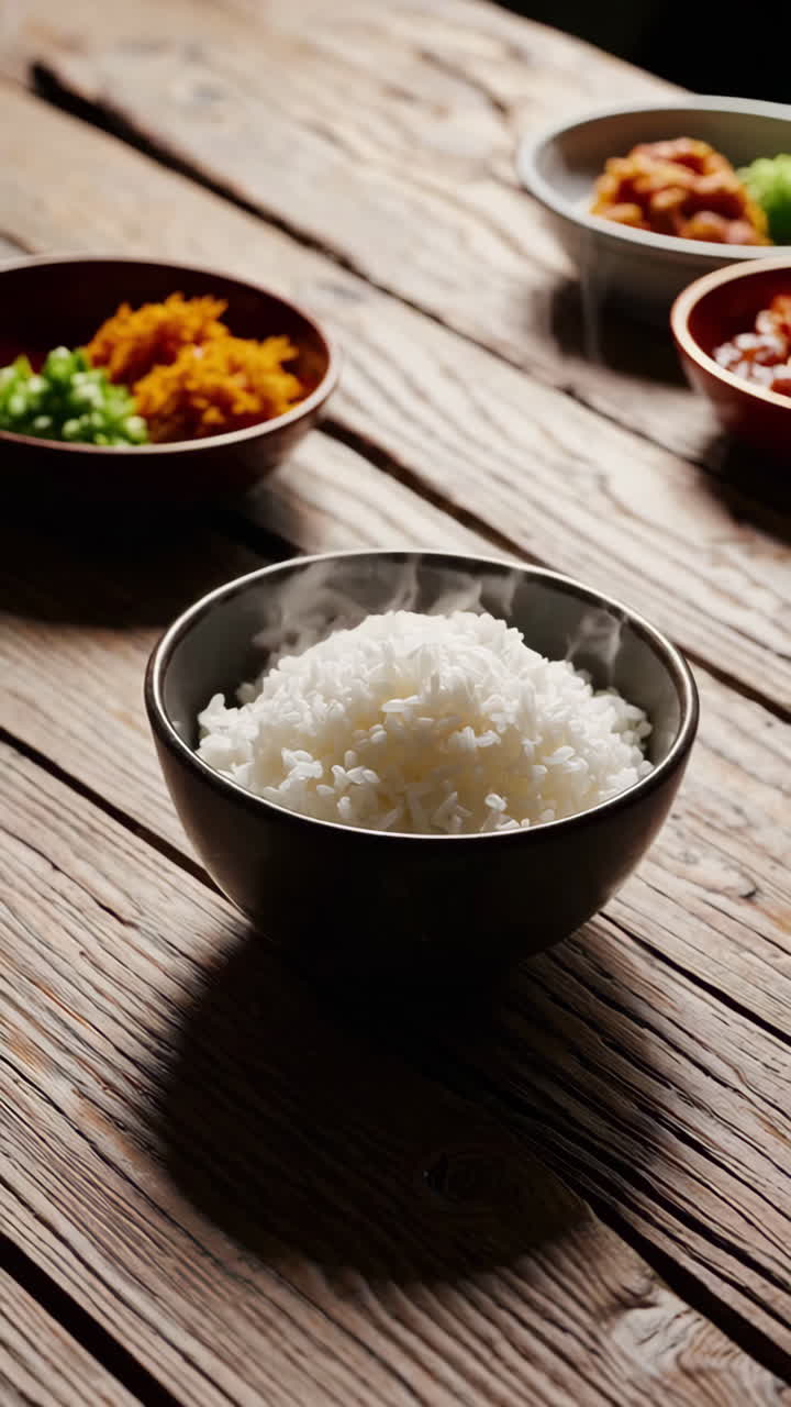 Steamed Rice and Asian Side Dishes on Wooden Table