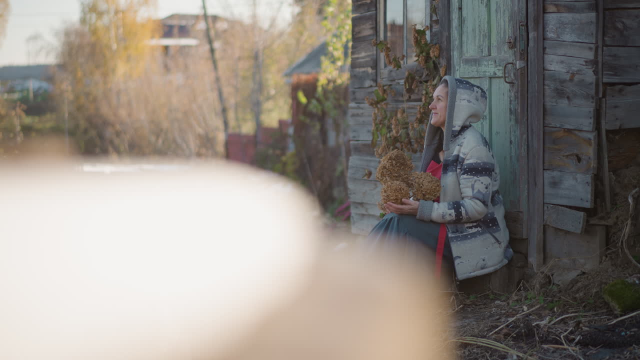 Elderly person watching. Older individual gazing at garden. Senior observer sitting near dilapidated house entrance. An aged onlooker seated by worn doorstep with blooming hydrangea