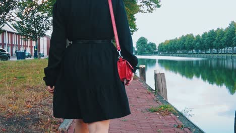 woman torso in sexy in dress that flare with belt, red lady bag, walk on quay