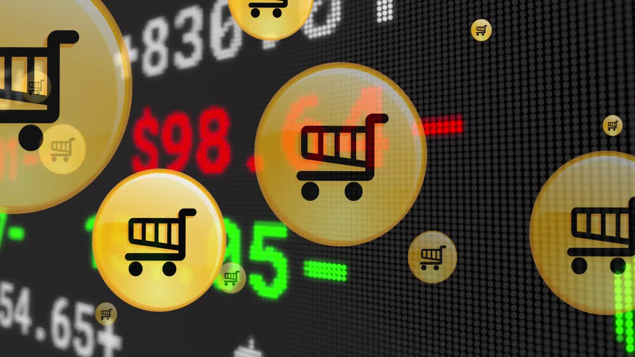 animación de iconos digitales amarillos de compras en línea que vuelan sobre el procesamiento de datos financieros