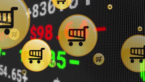 animation of yellow digital online shopping icons flying up over financial data processing