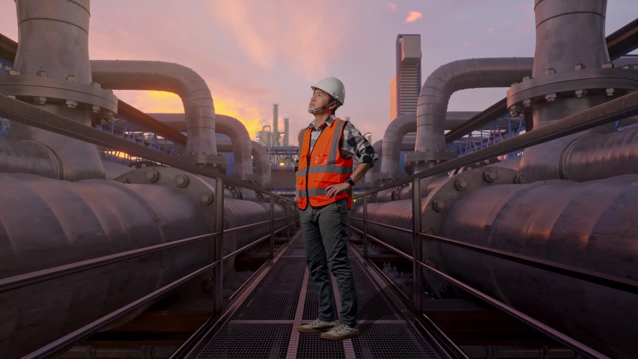 Helkropsbillede fra siden af asiatisk mandlig ingeniør iført sikkerhedshjelm, der ser sig omkring, mens han står med armene i siden ved et industrielt rørledningsnetværk ved solnedgang.