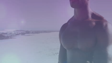 standing on beach, muscular person highlighted by purple animation lighting effect
