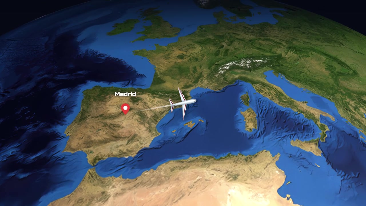 Satellite view animation follows a commercial airplane flying from Madrid, Spain to Delhi, India