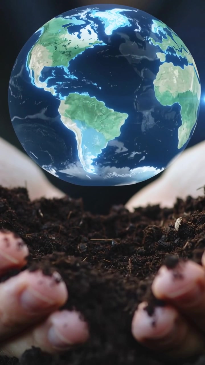 Video vertical: Manos ahuecadas sosteniendo tierra, mientras un globo holográfico flota en un estudio, simbolizando el cuidado de la Tierra.