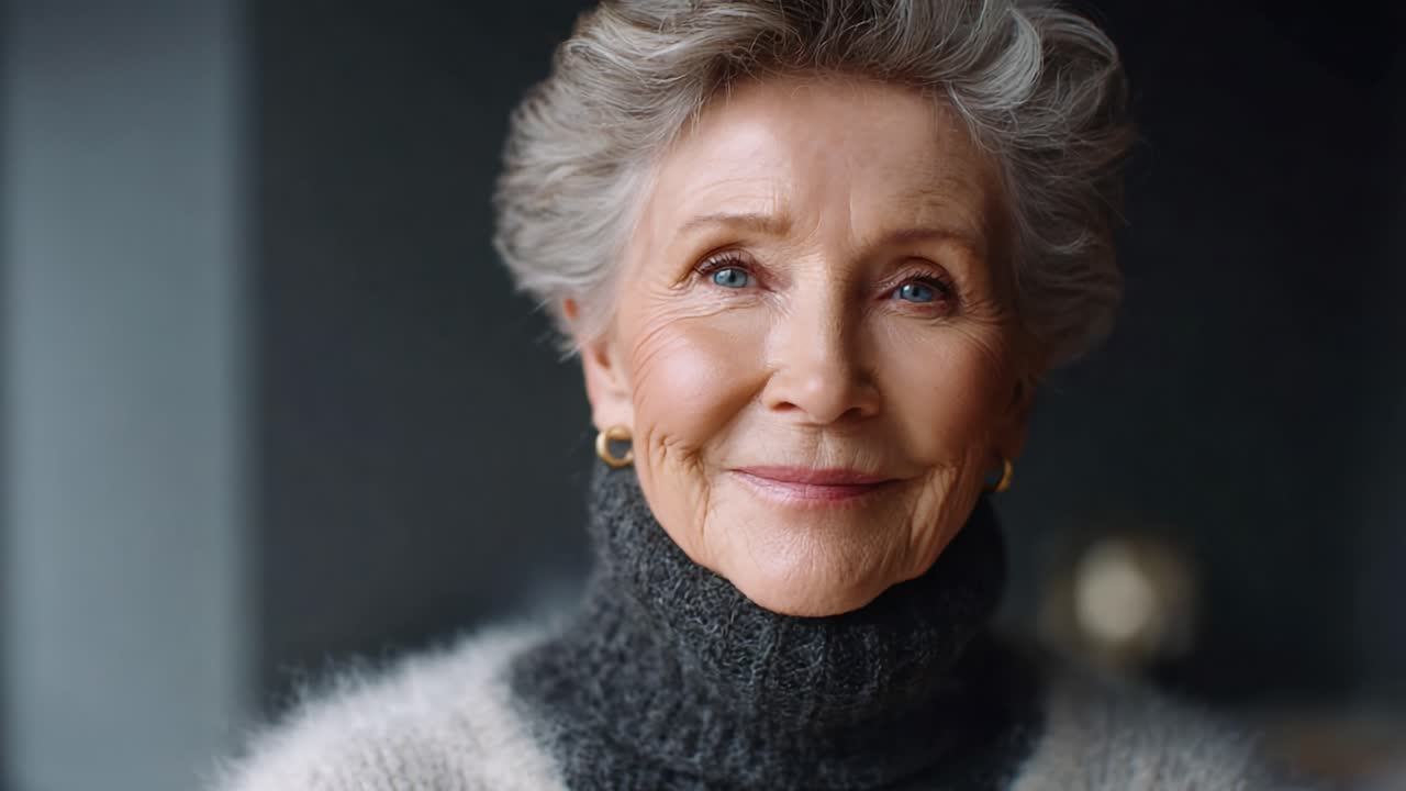 Elderly woman with warm smile and soft sweater exudes tranquility, showcasing the beauty of aging and the grace of life in a reflective moment of joy and serenity