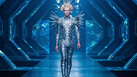 striking fashion display: a model walks the runway in a futuristic, silver spiked outfit, capturing attention with bold style and unique design elements