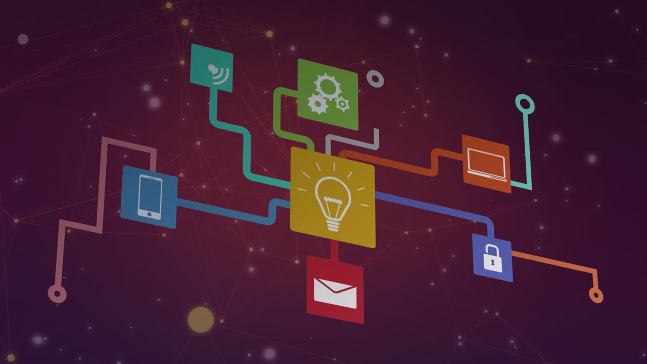 Animation of light spots over network of connections on purple background