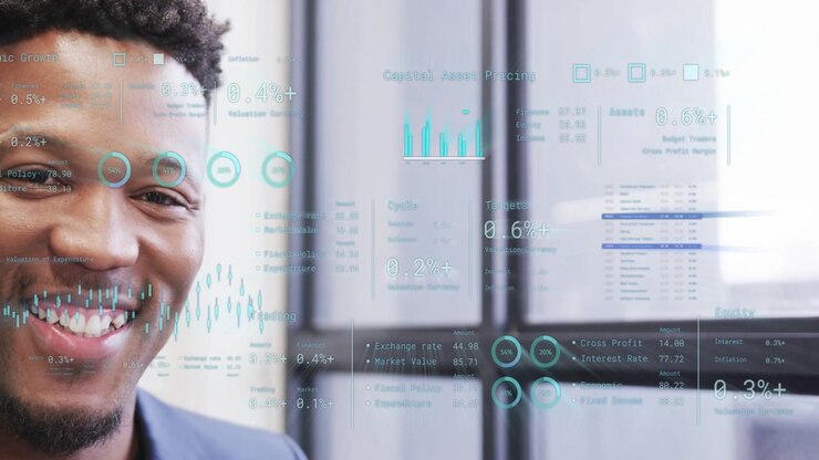 Male executive focusing on clear financial HUD with charts updating, smiling at positive metrics