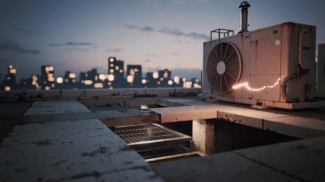 Emerging ember trail snaking from right edge across roof at dusk, passing HVAC, grates, copy space