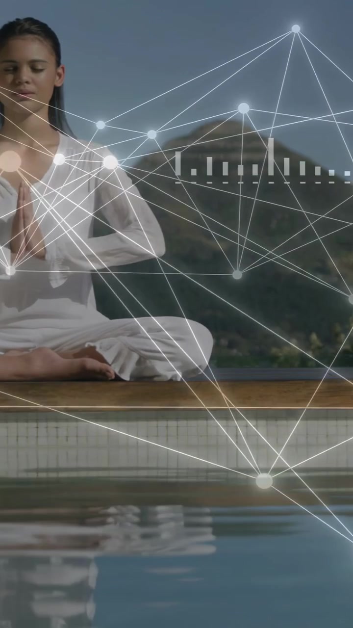 Vertical video: Teen meditating on pool ledge breath tracking bio readout HUD crossing reflection