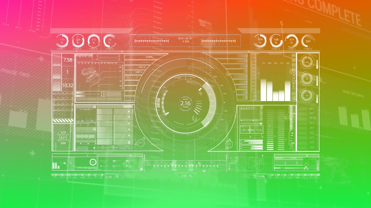 animación de la pantalla con registro de estadísticas y procesamiento de datos sobre fondo rojo a verde