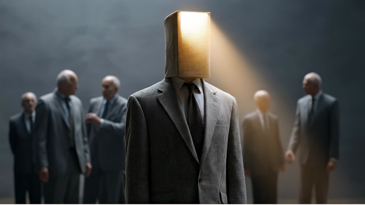 Hombre con cabeza de caja de luz de pie. Un hombre de traje permanece inmóvil con una caja de luz como cabeza mientras otras figuras vestidas de traje lo observan desde atrás.