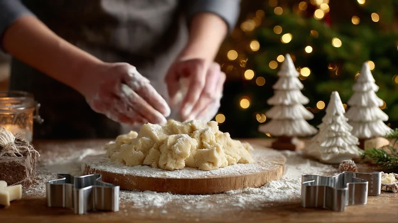 A Cozy Holiday Scene of Hands Preparing Dough for Baking Delicious Treats Amidst Twinkling Lights and Festive Decorations