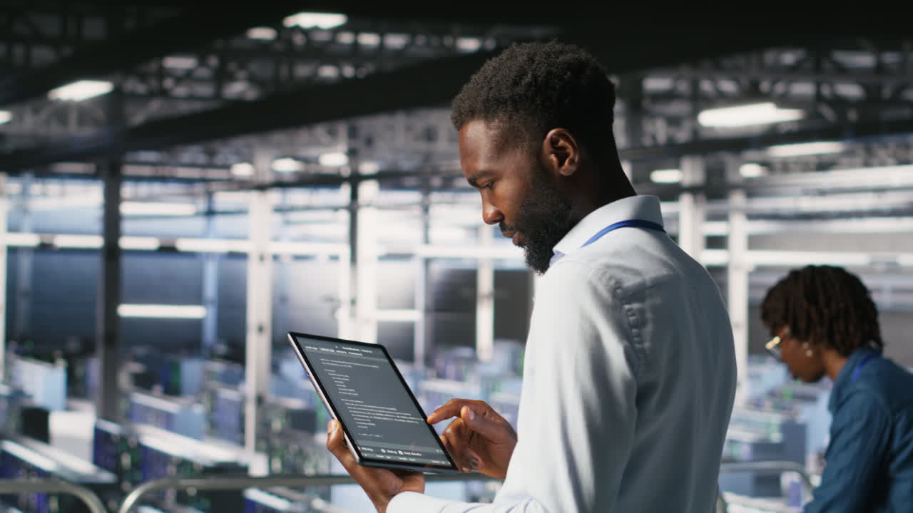 Data center programmers on industrial platform checking lines of code