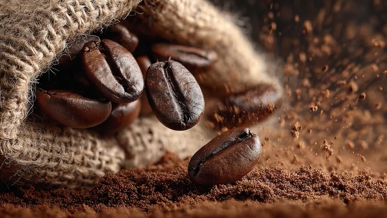 Captivating close-up of freshly roasted coffee beans spilling from a burlap sack, showcasing the rich textures and flavors of coffee in a stunning visual display