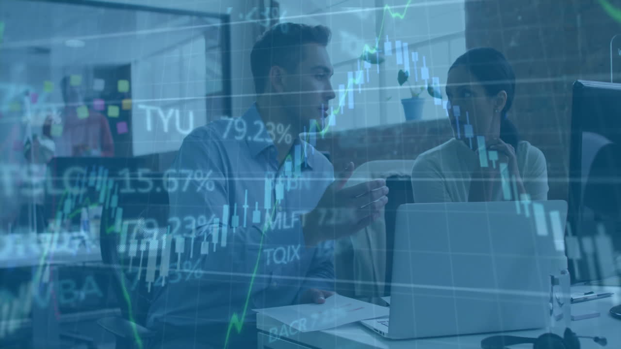 Animation of financial data processing over diverse business people in office