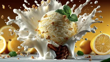 lemon ice cream scoop splashing in milk. a perfectly round scoop of lemon ice cream is splashing into a pool of milk, with lemon slices and mint leaves nearby.