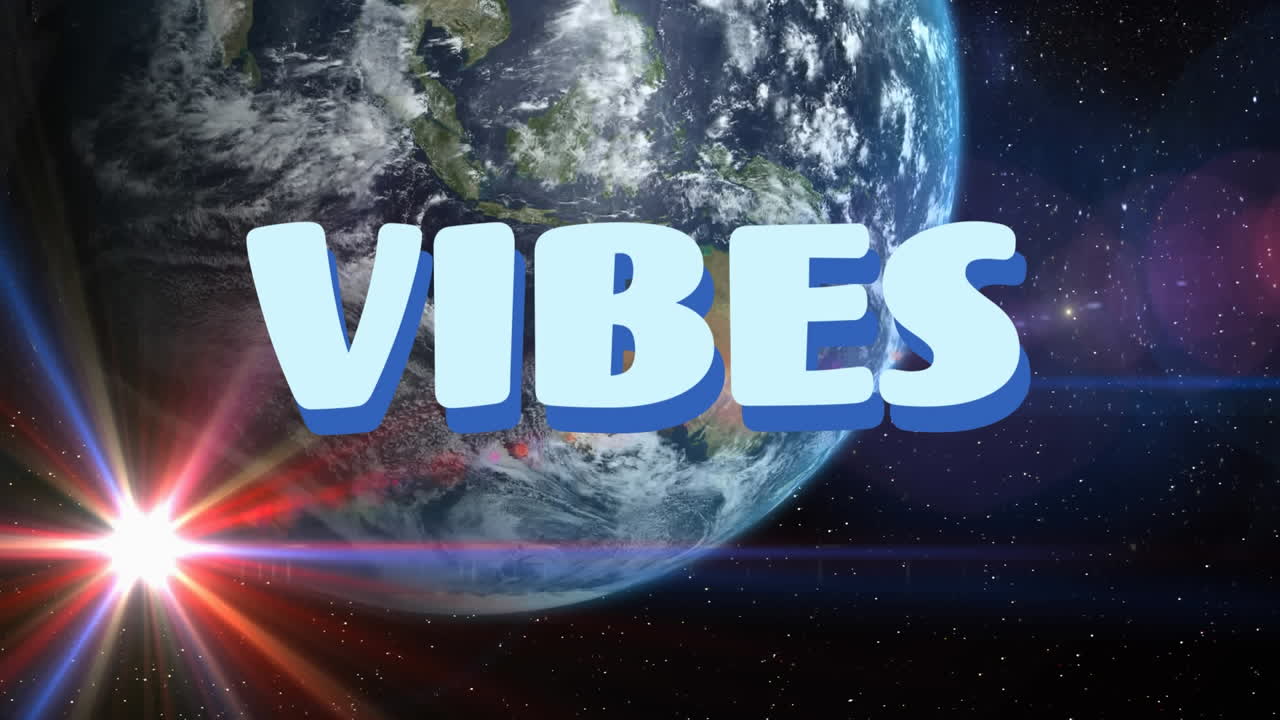 Animazione di testo "vibes" in lettere blu sulla Terra e nell'universo