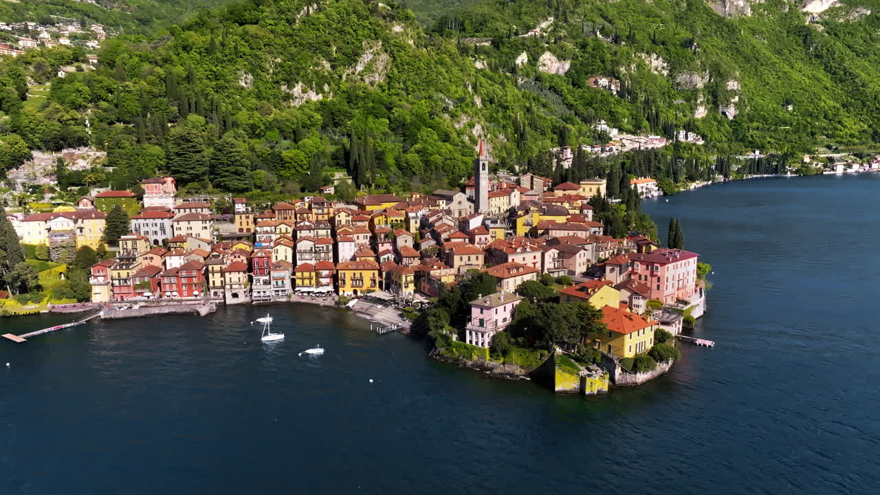 Aerial drone view of Varenna village near Lake Como, Italy