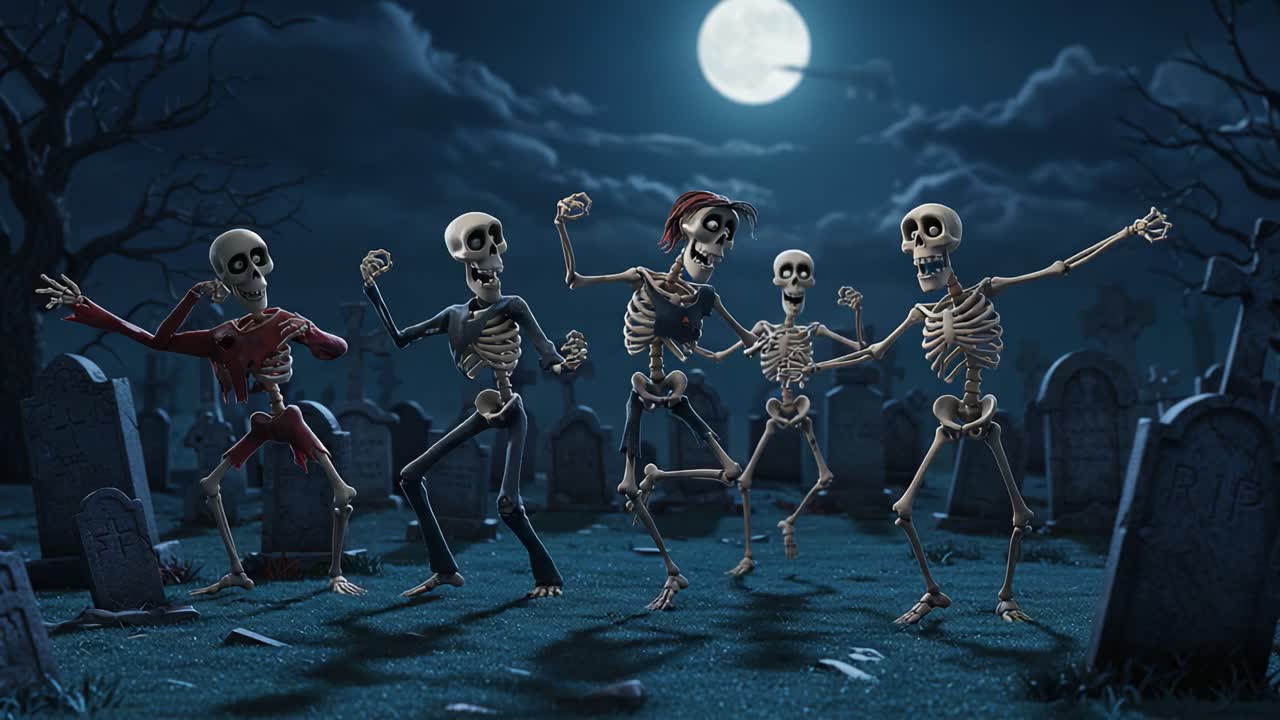 A vibrant Halloween celebration comes to life in a spooky graveyard, featuring animated skeletons joyfully dancing under the eerie full moon amidst ancient tombstones