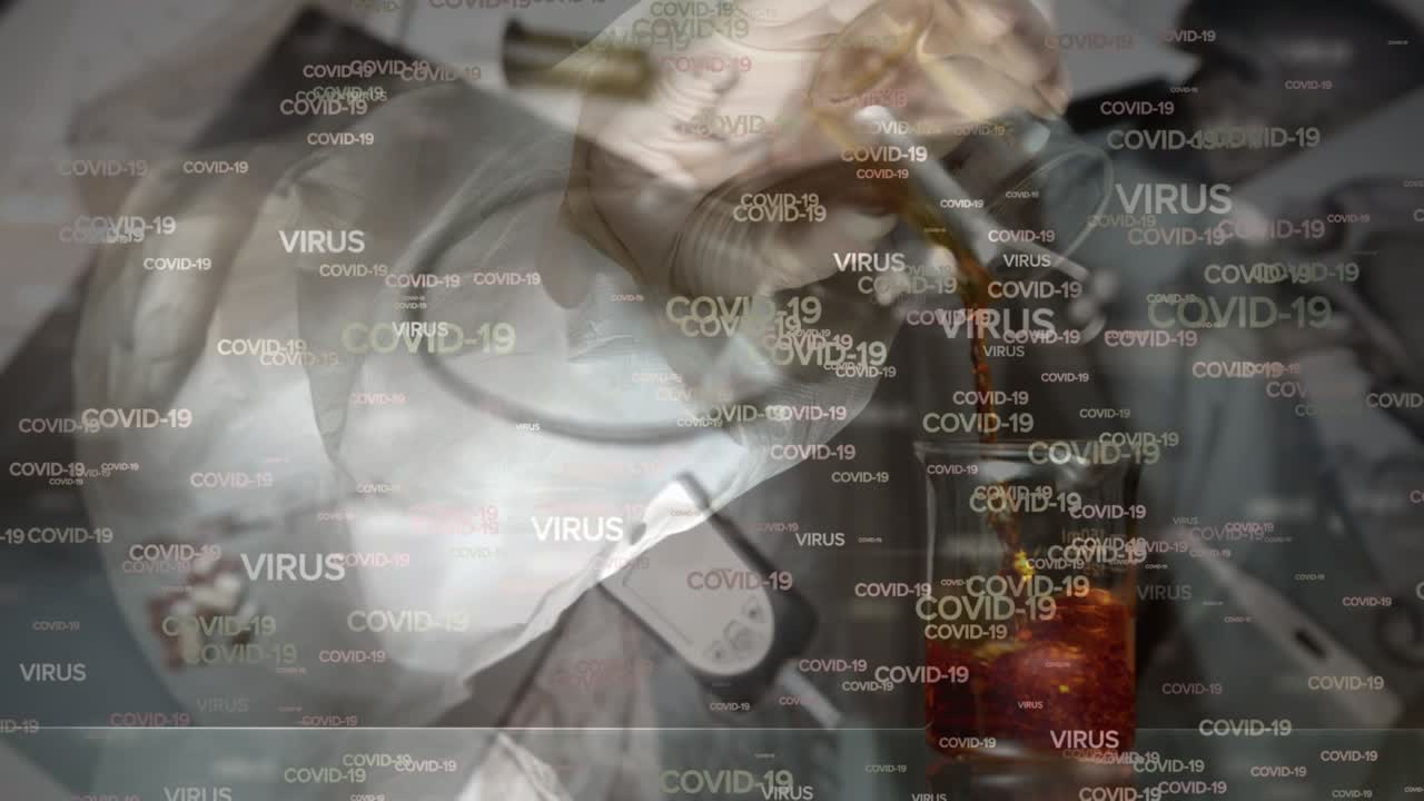 Animation of virus and covid texts and pulse oximeter over hands of lab worker