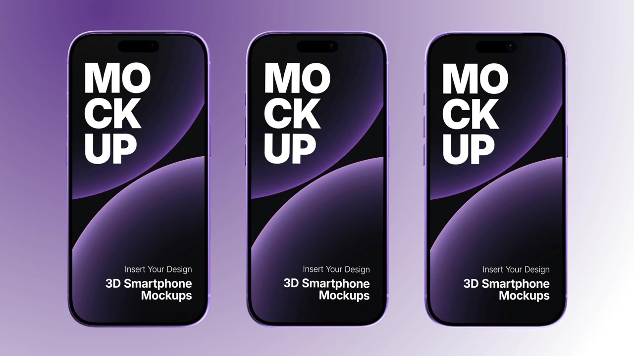 Geanimeerde 3D mockup van drie paarse smartphones