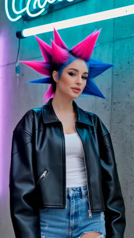 woman with pink and blue spiked hair and leather jacket by neon lights