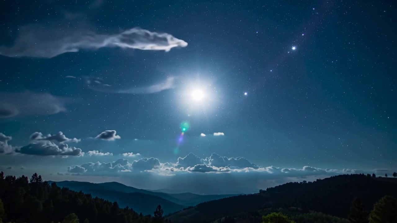 雲の切れ間から明るい天体が山間の谷間から昇り、レンズフレアを伴っている様子。