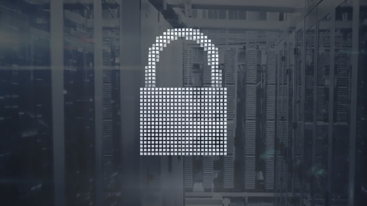 Animation of padlock icon over computer serves