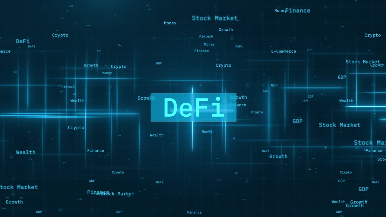 Decentralized Finance (DeFi) text over Glowing Lines in Banking Technology Animation