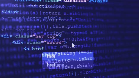 4k de primer plano disparado código de etiqueta html en el monitor de la pc desplazarse hacia abajo en la pantalla azul.