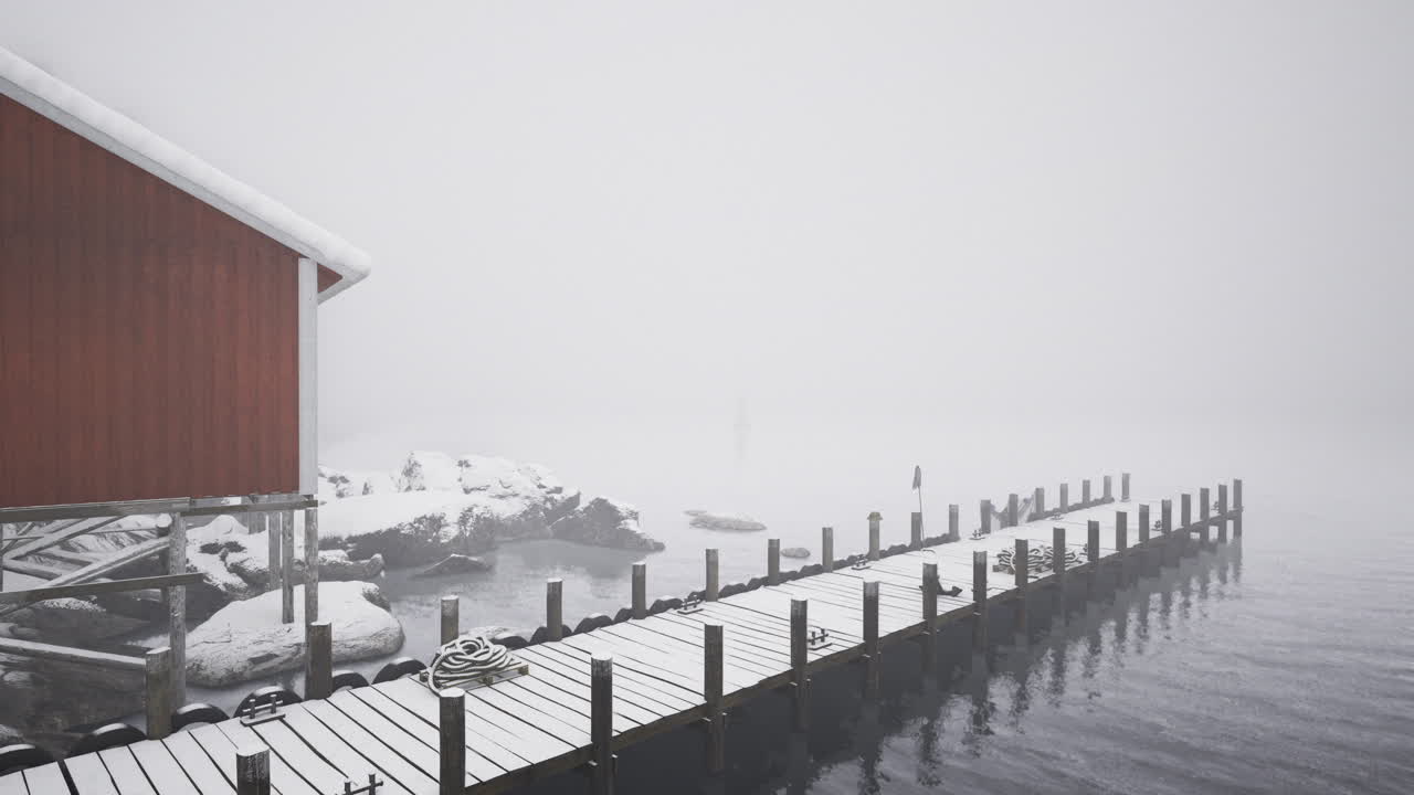 Snowy Dock on a Foggy Lake
