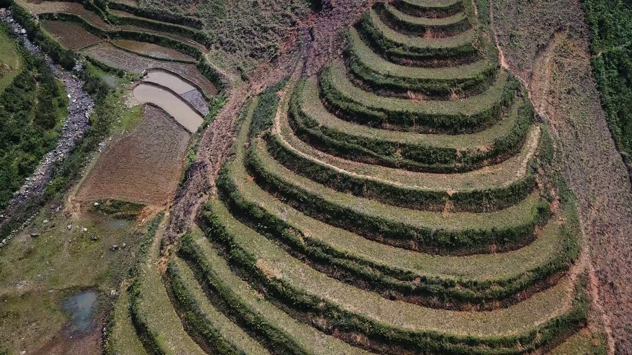 una toma aérea ascendente de un arrozal en terrazas revela una motocicleta conduciendo por un camino sinuoso