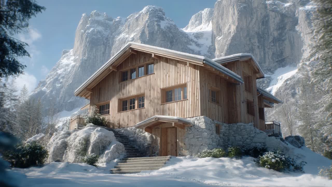 A Serene Winter Retreat: An Elegant Wooden Chalet Nestled Amongst Majestic Snow-Capped Mountains and Breathtaking Natural Beauty in a Peaceful Winter Wonderland Setting
