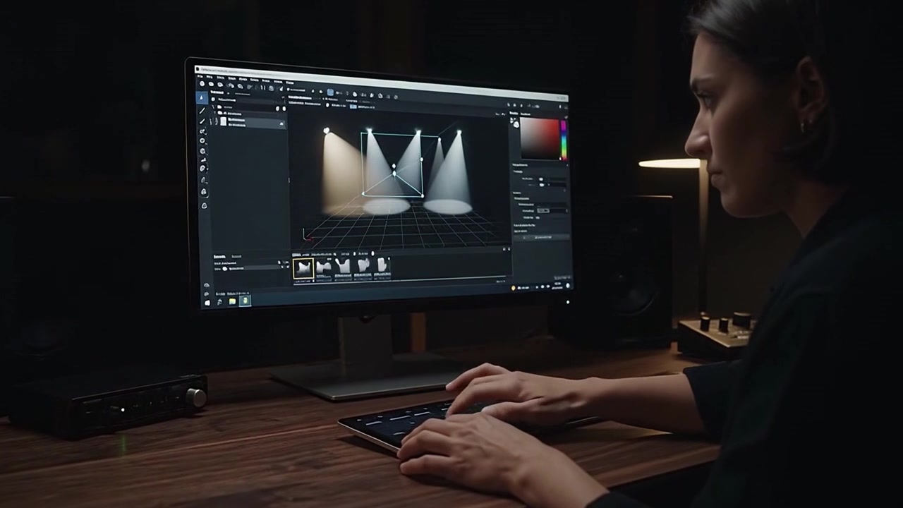 Designer gráfico trabalhando em projeto de iluminação 3D em estúdio escuro